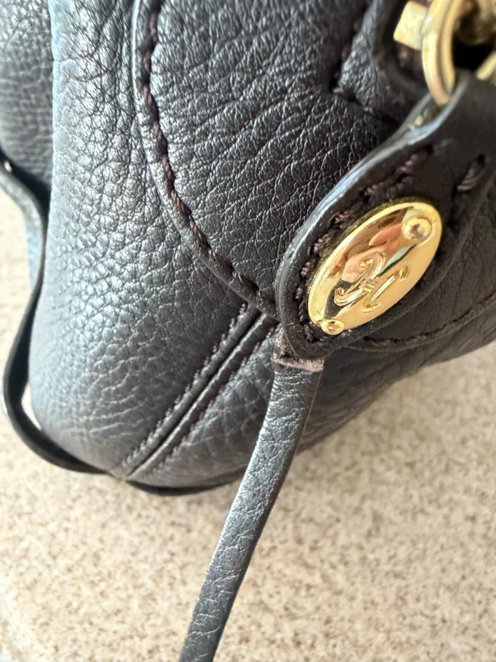 Cole Haan Dark brown Pebbled Leather Equestrian Hobo Bag with Gold Hardware